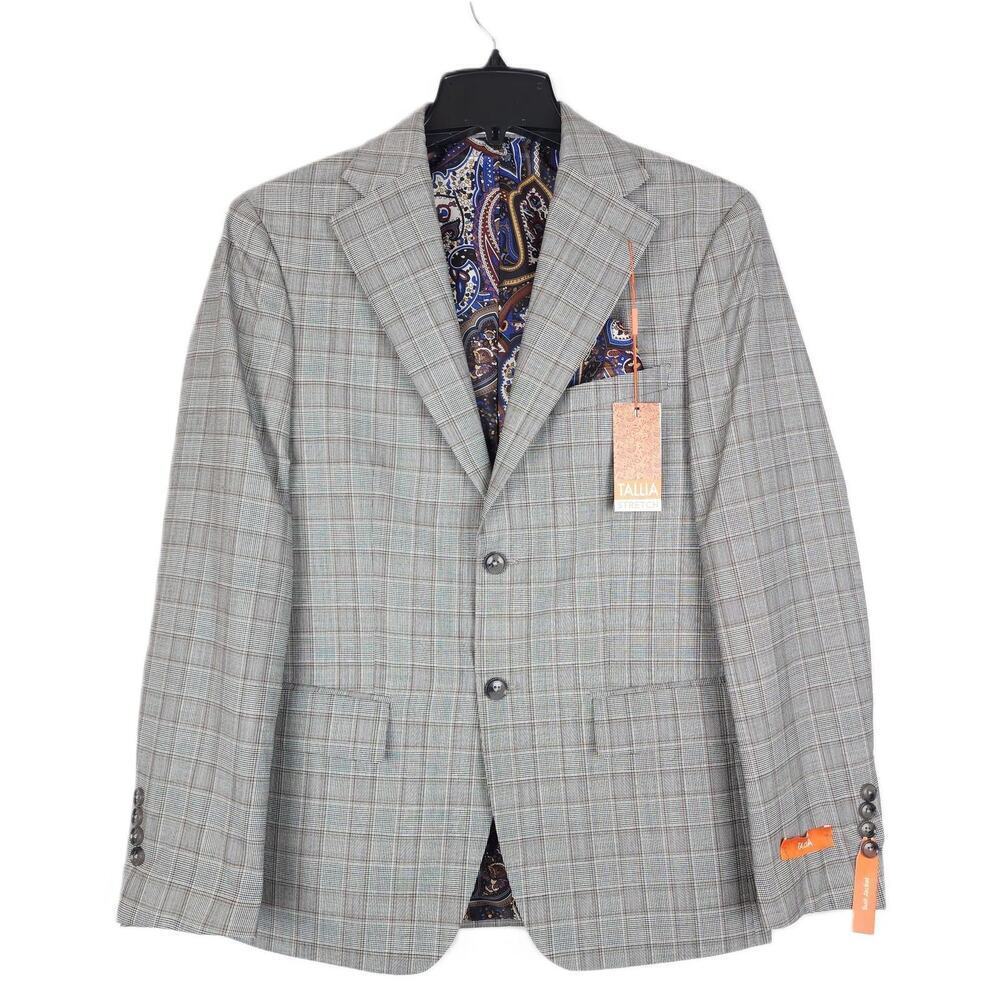 Tallia Mens Slim Fit Suit Jacket Blazer 38R Cream Brown Plaid Stretch Wool NWT - Picture 1 of 5